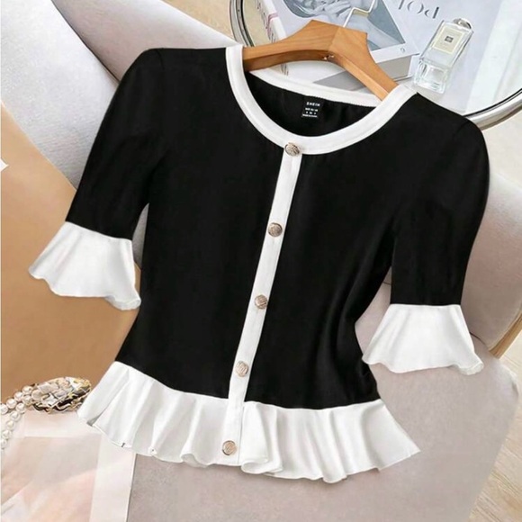 SHEIN Tops - SHEIN Black and White Ruffle-Trim Button Down Top